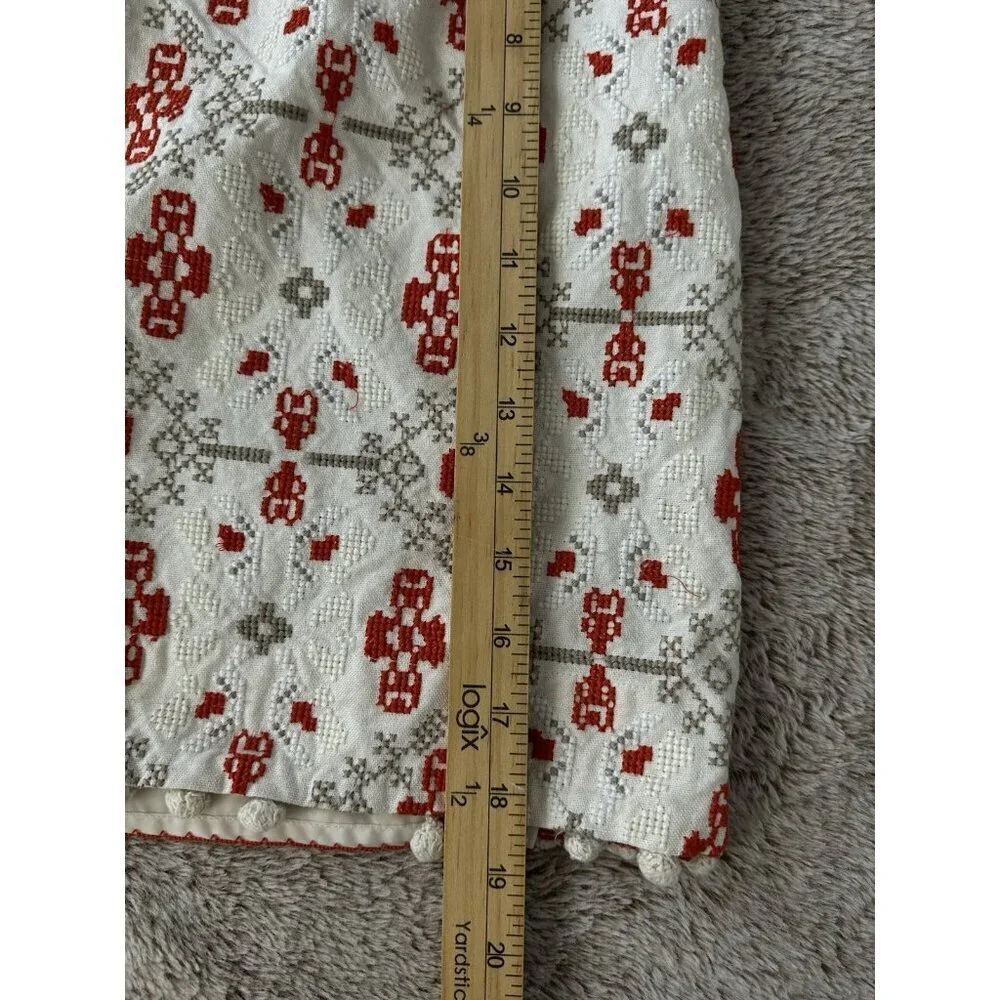 Maeve Cotton Embroidered Skirt Pompom Hem Lined Anthropologie Size 12 Cream Red